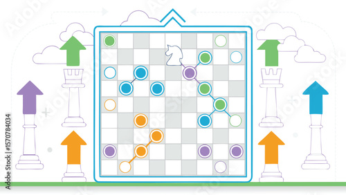 A chess board with colored circles connected by lines and chess piece icons and upward pointing arrows