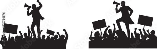Protest Crowd Silhouette with Megaphone and Placards Vector