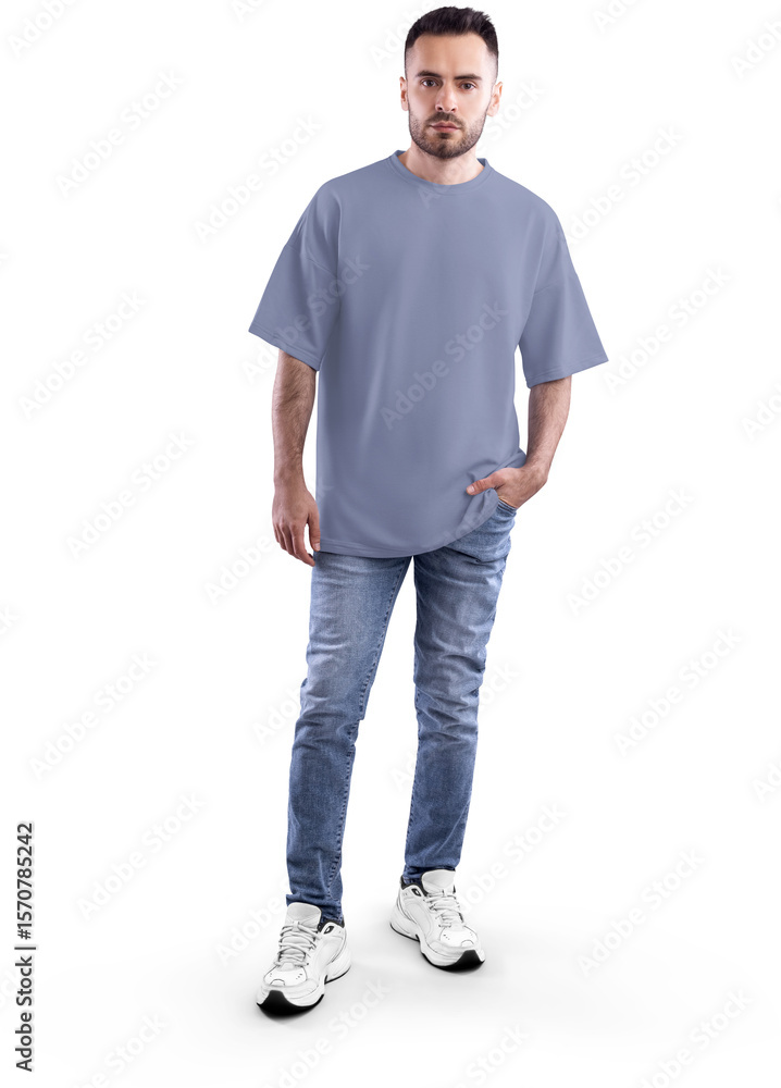 Fototapeta premium Mockup violet t-shirt oversize on a bearded man in full height, png, front view