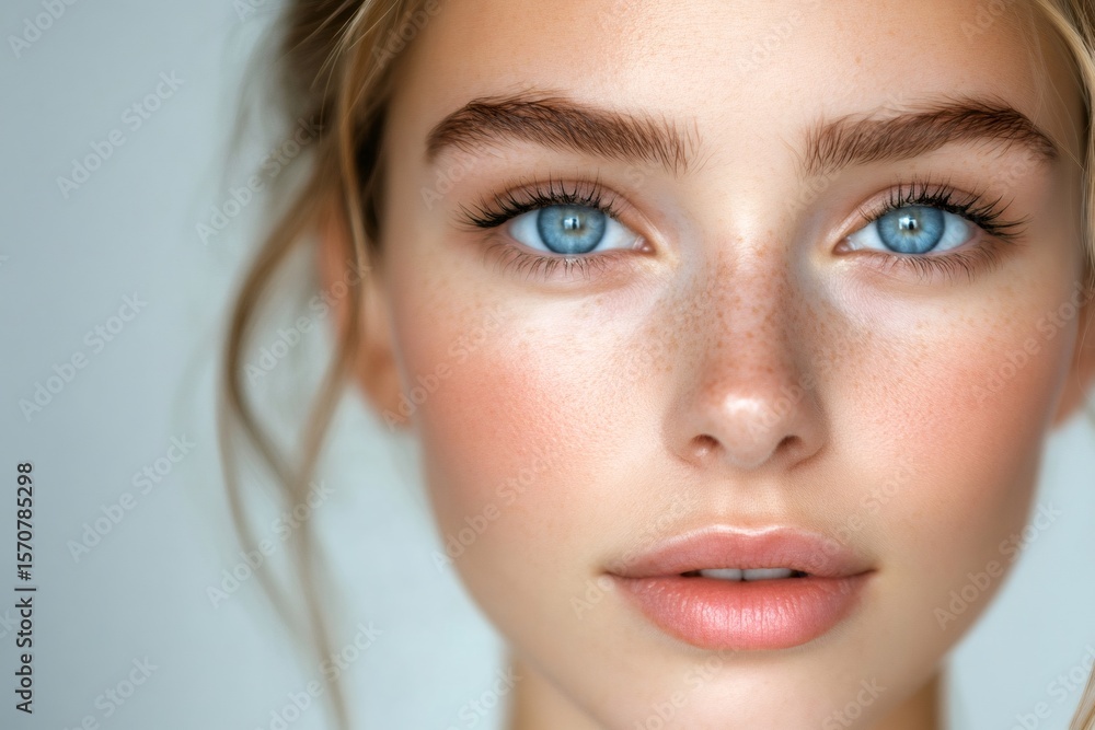 Beautiful woman with blue eyes and freckles showing perfect skin Beautiful woman with blue eyes and freckles showing perfect skin