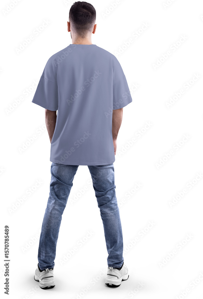Naklejka premium Mockup violet t-shirt oversize on a bearded man in full height, png, back view
