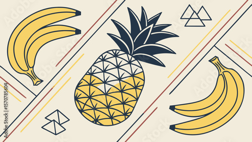 A vibrant pineapple surrounded by bananas in a modern, geometric design, featuring bold lines and playful colors.
