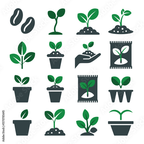Sixteen Green and Gray Seedling Growth Stage Icons Collection Showing Plants in Pots Seed Packets and Sprouting Seeds in Soil Depicting the Life Cycle of a Plant from Seed to Sapling