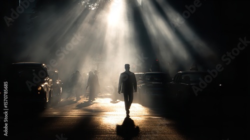 A lone figure walks towards destiny amidst vintage cars and ethereal light in a noir city with strong contrast and