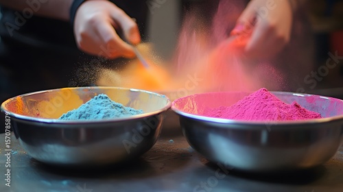 Colored powder being measured out into bowls.