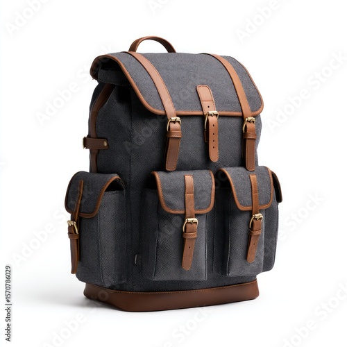 Charcoal grey canvas backpack with brown leather trim, multiple pockets, buckles, and a roll-top closure
