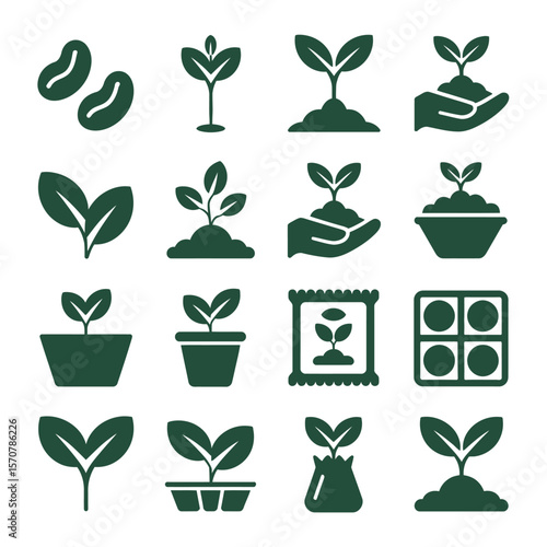 Sixteen Green and Gray Seedling Growth Stage Icons Collection Showing Plants in Pots Soil Seed Packets and Hands Holding Seedlings Representing Sprouting Germination and Plant Development Stages