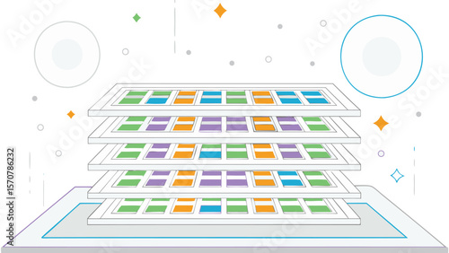 Abstract illustration of layered platforms with colored squares and geometric shapes