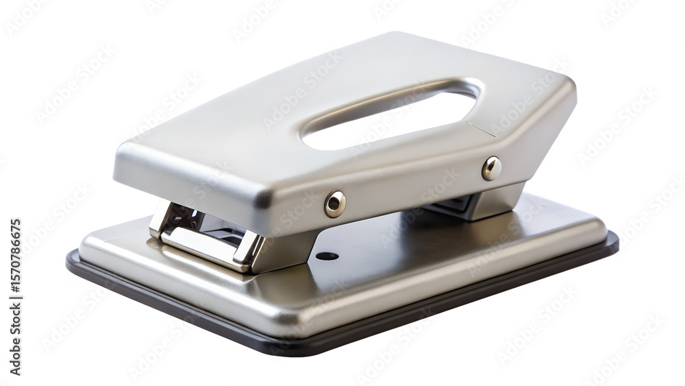 A sleek, silver metal hole puncher isolated on a white background, ready for office tasks A sleek, silver metal hole puncher isolated on a white background, ready for office tasks