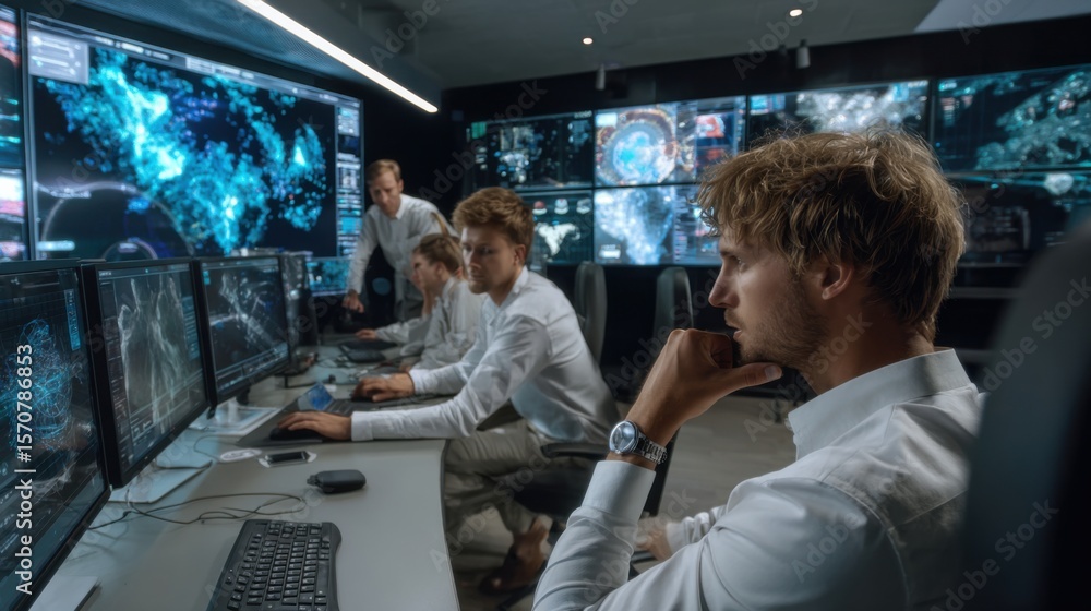 Fototapeta premium Intense monitoring session control room digital operations high-tech environment focused perspective data analysis