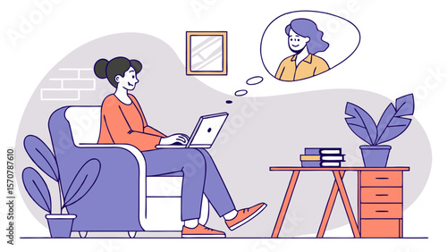 A woman with dark hair and an orange sweater smiles while using a laptop, dreaming of another person.