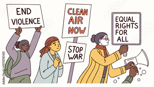 A diverse group of activists, including women and men, advocate for social justice and environmental causes with powerful signage.