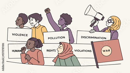 A diverse group of young activists protest against violence, pollution, and discrimination, showcasing unity for human rights.