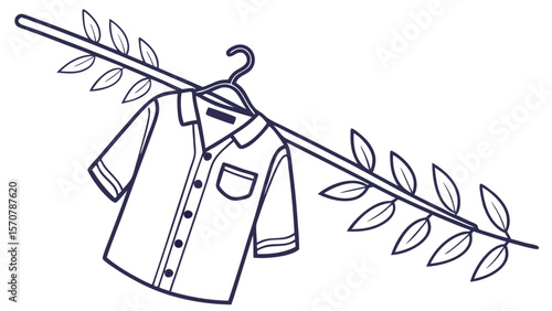 A simple shirt suspended on a branch with leaves, blending nature with fashion aesthetics.