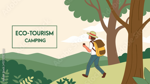 A young man of mixed ethnicity explores nature with a backpack, promoting eco-tourism and camping.