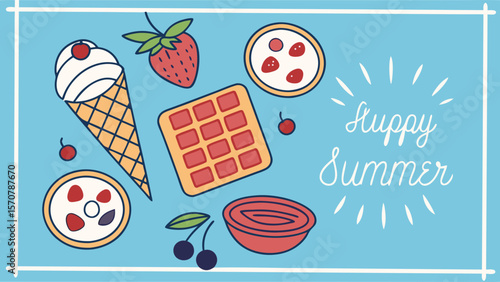 A vibrant summer-inspired illustration featuring ice cream, strawberries, and waffles against a blue background.