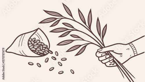 A hand holding a branch of leaves near a bag spilling grain, symbolizing nature and harvest.