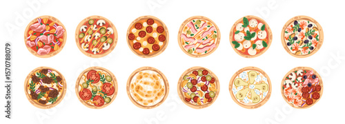 Different pizza set. Italian food, whole circles, top view with cheese, meat, vegetables, mushrooms, pepperoni, tomato on crust. Pizzeria menu. Flat vector illustrations isolated on white background