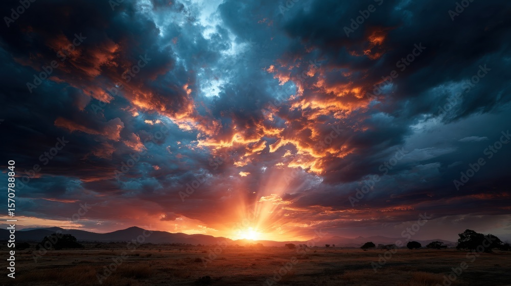 Naklejka premium Sunset spectacle over mountains nature landscape majestic sky vibrant colors scenic viewpoint