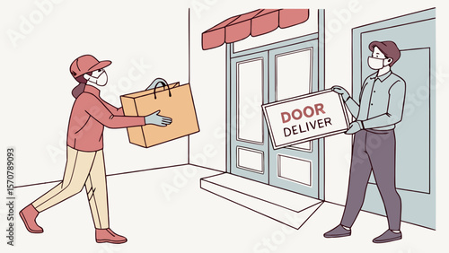 A male delivery worker in a mask hands over a package to a woman holding a 'Contactless Delivery' sign, promoting safety protocols.