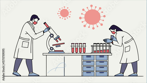 Two medical professionals in lab coats examining SARS-CoV-2 with lab equipment, syringe, and protective gear.
