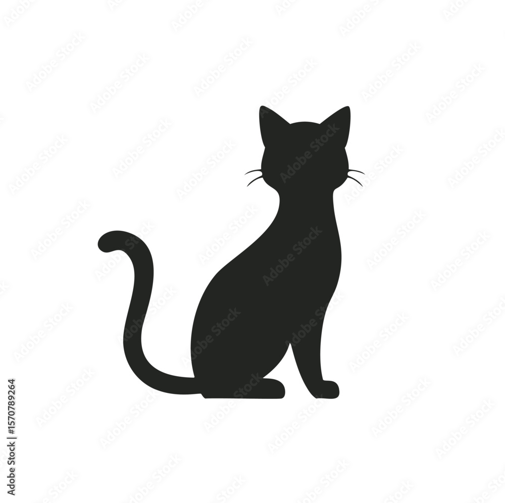 Fototapeta premium Black cat silhouette sitting elegantly with tail curled domestic animal feline