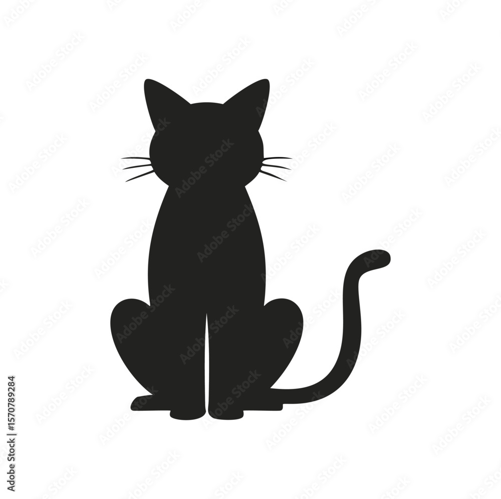 Fototapeta premium Black cat silhouette sitting with tail curled vector