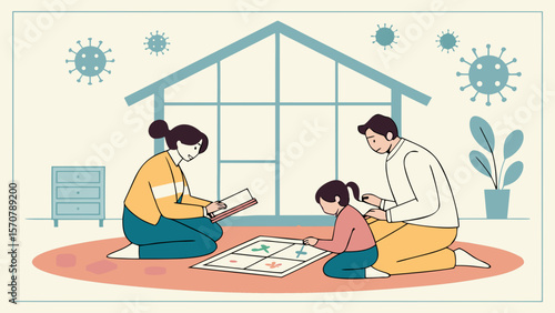 A family of three, including a boy and two girls, engages in a creative activity at home while wearing masks during a pandemic.