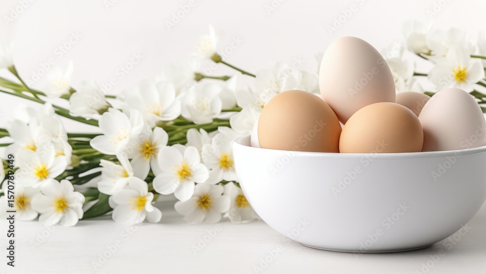 Natural eggs in a white bowl by white blooming flowers on a clean background. Easter holiday concept for food. Natural eggs in a white bowl by white blooming flowers on a clean background. Easter holiday concept for food.