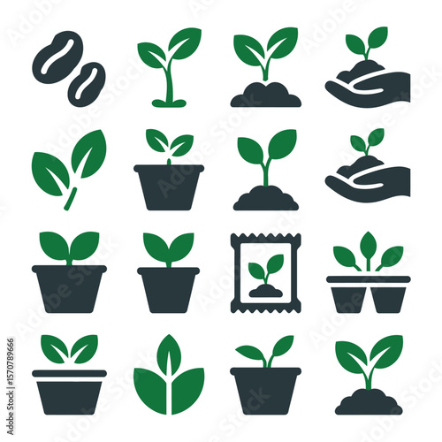 Sixteen Green and Gray Seedling Icons Collection Showing Plants in Pots Soil Seed Packets and Hands Holding Seedlings Coffee Beans and Single Leaves Various Growth Stages
