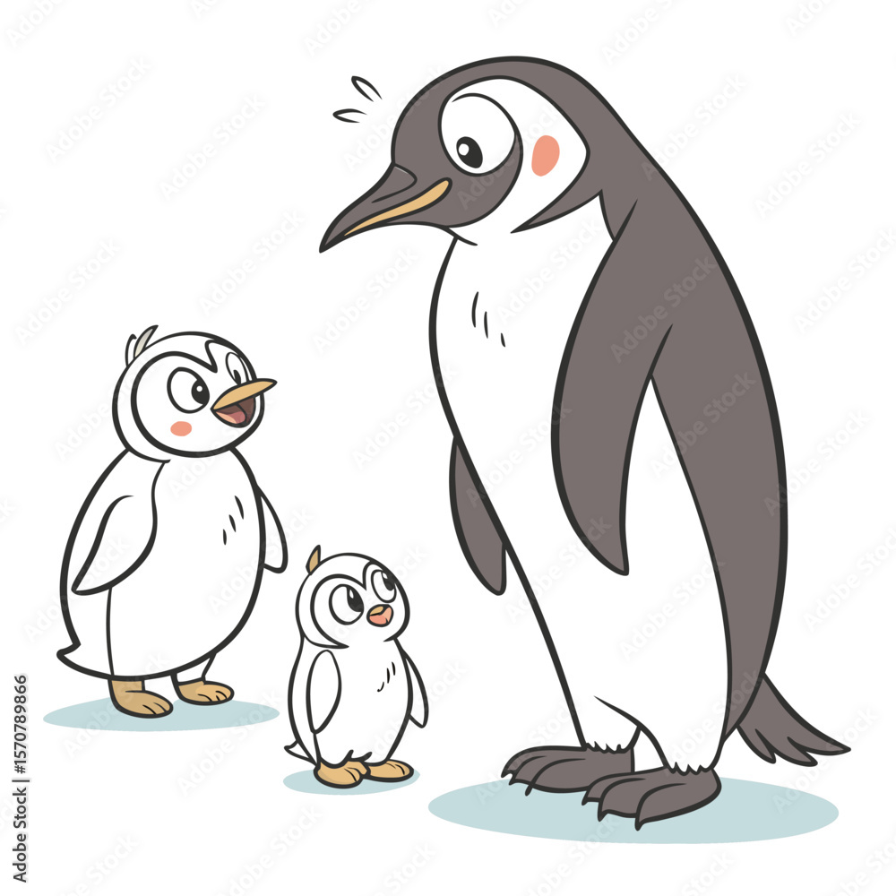 Obraz premium Cute Cartoon Penguins Family White Gray Minimalist Style