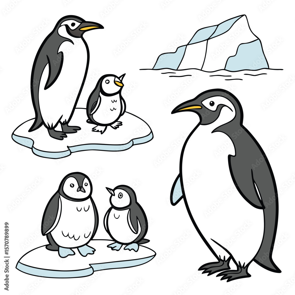 Obraz premium Cute Cartoon Penguins on Ice Floes Minimalist Illustration