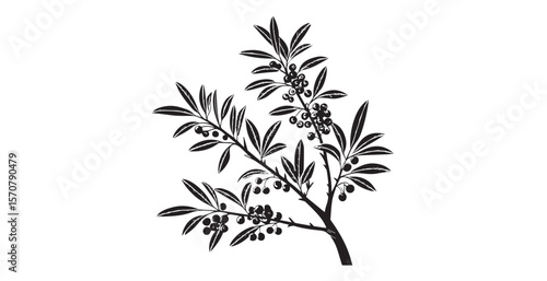 Stylized black branches with orange berries and detailed leaves silhouette