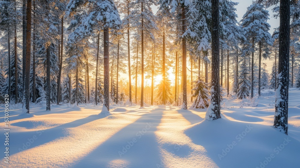 Sun shining through snow covered forest trees Sun shining through snow covered forest trees