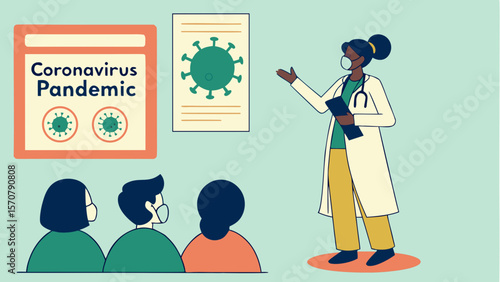 A Black female healthcare worker explains the coronavirus pandemic to an audience, emphasizing awareness and safety measures.