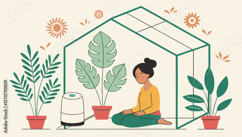 A young Black woman meditating inside a greenhouse surrounded by lush greenery and plants, promoting tranquility and wellness.