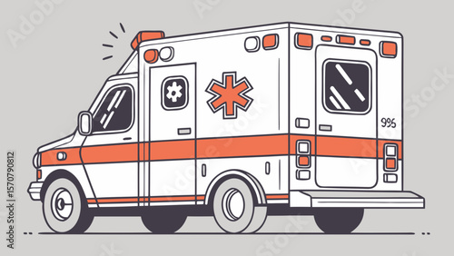 Illustration of an emergency ambulance with a simple design and distinctive markings.