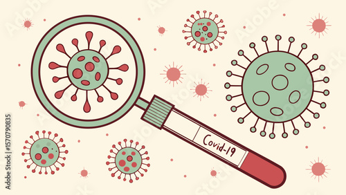 Illustration of a magnifying glass examining Covid-19 viruses with a test tube labeled Covid-19.