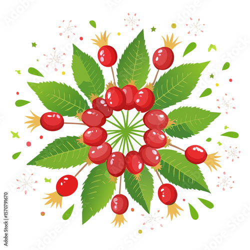 Stylized red berry and leaf arrangement suitable for festive backgrounds or seasonal decorations.