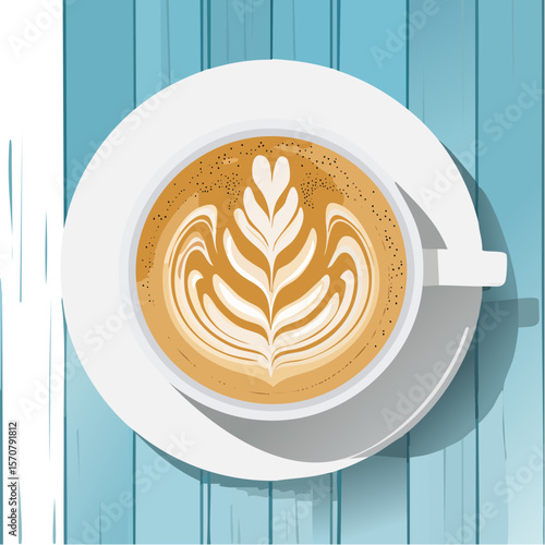 Top-down view of a latte with latte art on a blue wooden table, showcasing a relaxing coffee break.
