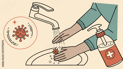 Hands of a person washing with soap under faucet, emphasizing hygiene against germs.
