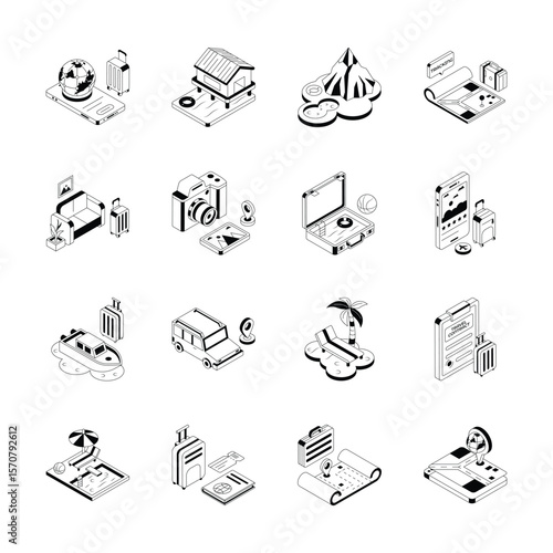 Handy pack of travel icon in isometric style, easy to edit
