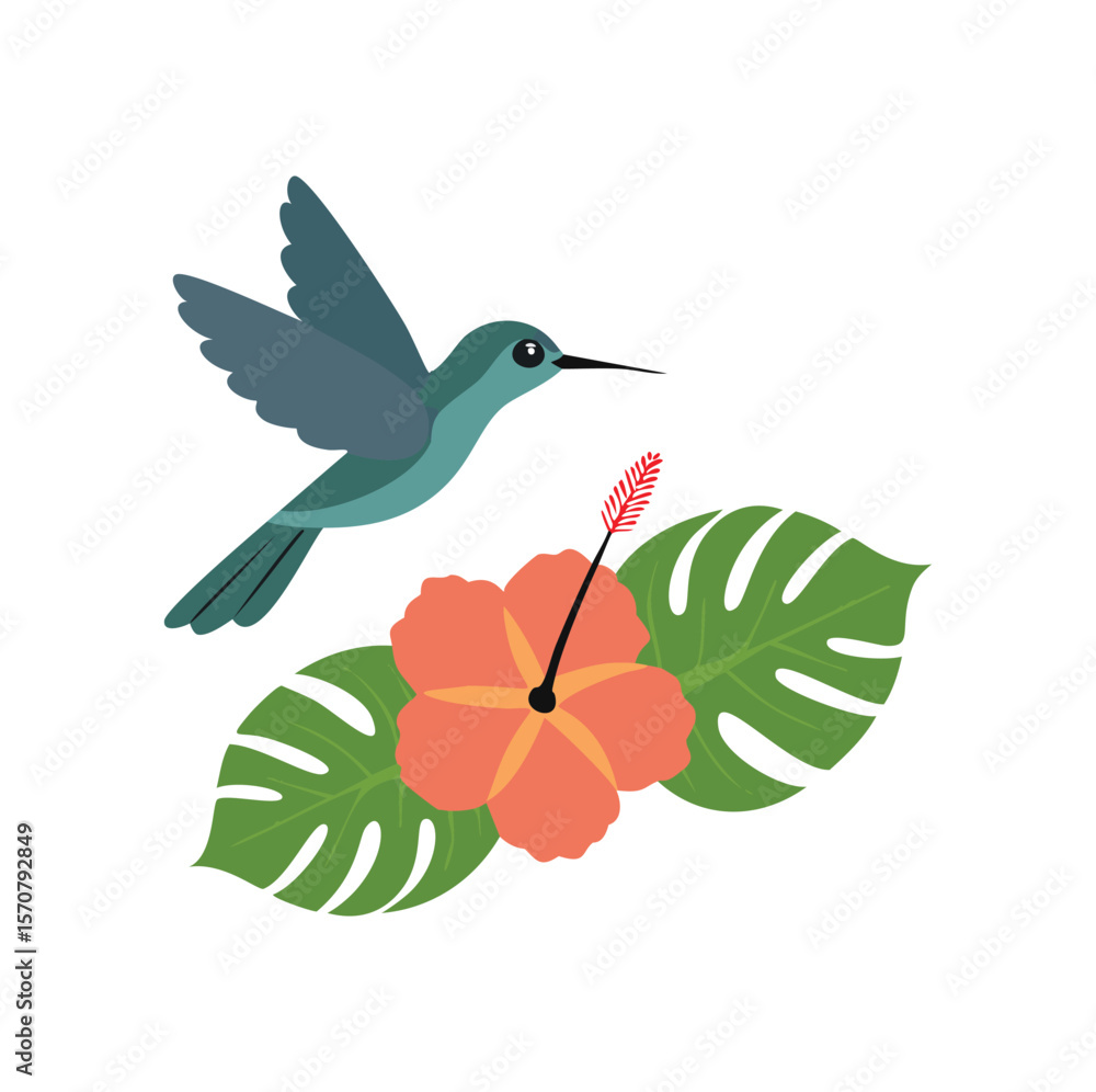 Obraz premium Teal hummingbird near coral hibiscus and green monstera leaves flying flower