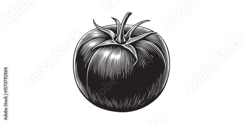 Detailed engraving style tomato silhouette with stem and leaves