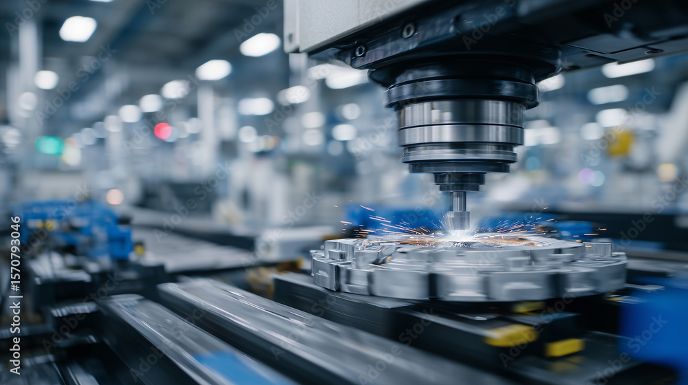 Fototapeta premium Ball bearing press aligns and inserts tiny metal spheres into housing with automated tongs, high-precision engineering in motion