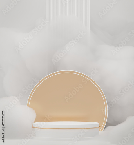 Pedestal and Delicate fluffy clouds, white soapy foam. 3d render illustration. Podium for brand promotion product. White gray background for cosmetic presentation. Stand base mockup