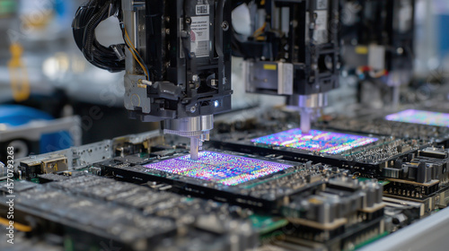 LED light assembly line where mechanical clamps mount diode chips onto circuit board, UV glue cured instantly by laser