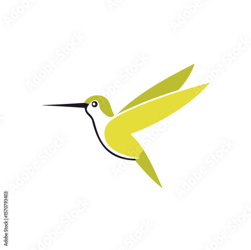 Yellow hummingbird in flight with sharp wing tips flying wings