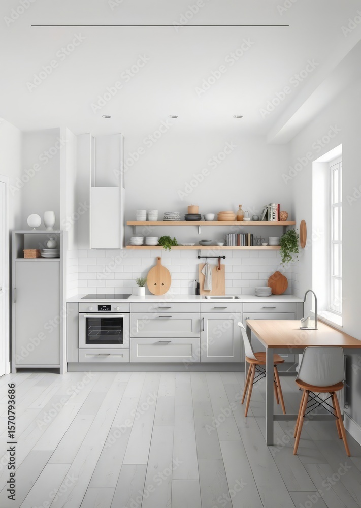 Fototapeta premium Scandinavian interior design white grey kitchen room organization Empty room interior design architecture blank design room