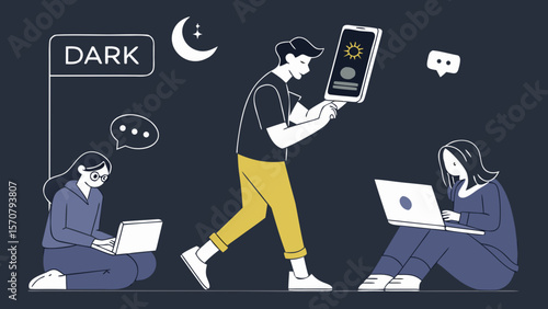 An illustration depicting a young man checking the weather on his phone while two women work on laptops in a cozy, dark-themed setting.